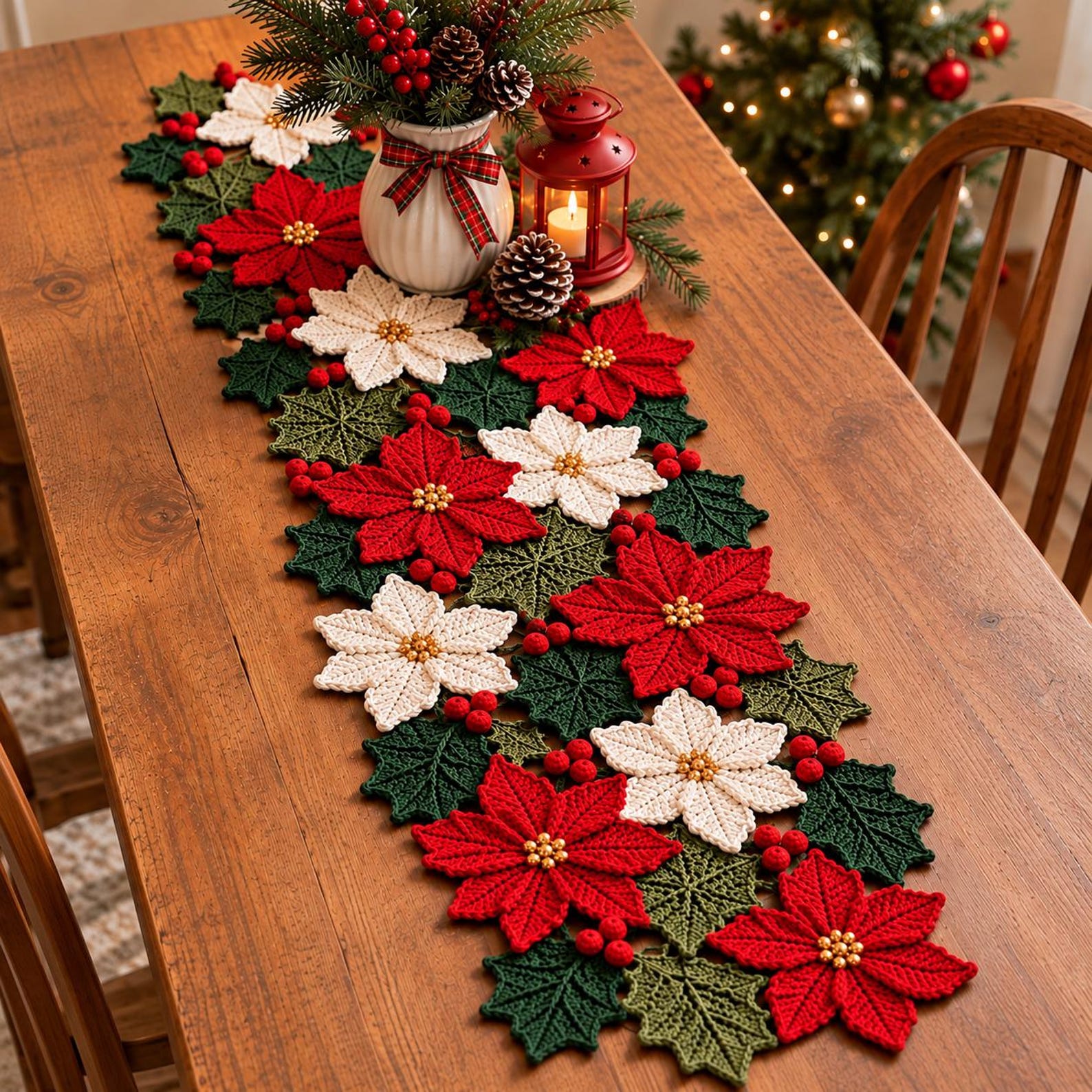Christmas Crochet Table Runner Pattern PDF | Poinsettia & Holly Leaves ...
