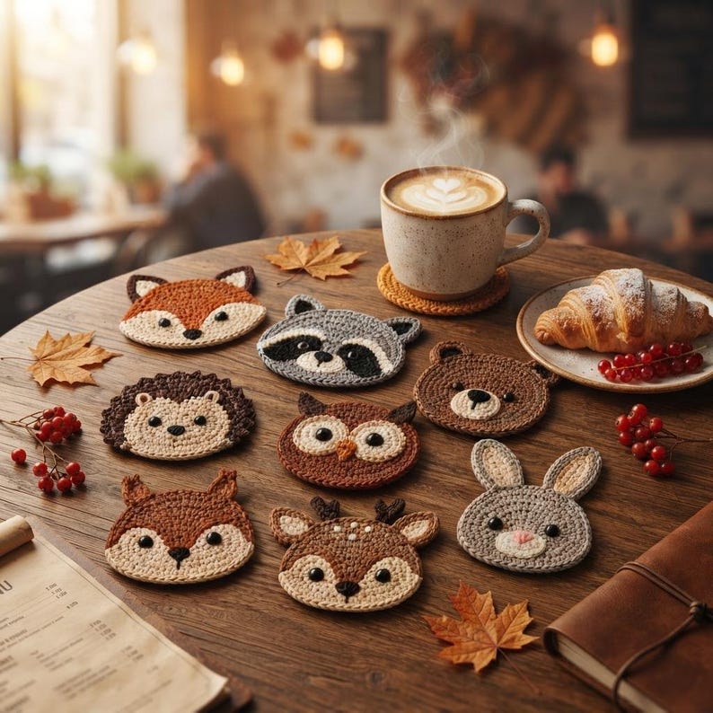 May include: A collection of eight round crochet coasters featuring animal faces including a fox, raccoon, hedgehog, owl, bear, deer, and rabbit, arranged on a wooden table alongside a cup of coffee, a croissant, and scattered autumn leaves.