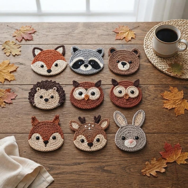 May include: A set of nine round crochet coasters featuring various woodland animal faces including a fox, raccoon, bear, hedgehog, two owls, squirrel, deer, and rabbit, each crafted with detailed yarn stitching and small dark eyes.