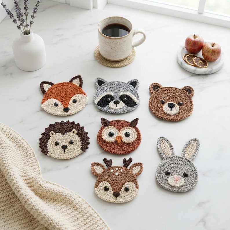 May include: A collection of eight round crochet coasters featuring animal faces including a fox, raccoon, bear, hedgehog, owl, deer, and rabbit. Each coaster is crafted with detailed yarn stitching to depict the distinct features of each woodland creature.