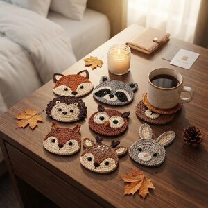 May include: A collection of eight round crochet coasters shaped like animal faces, including a fox, raccoon, hedgehog, owl, squirrel, deer, and rabbit. The coasters feature detailed yarn stitching, small black bead eyes, and various earth-toned colors.