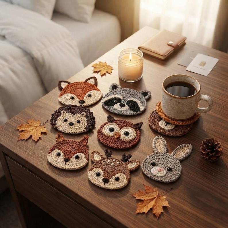 May include: A collection of eight round crochet coasters shaped like animal faces, including a fox, raccoon, hedgehog, owl, squirrel, deer, and rabbit. The coasters feature detailed yarn stitching, small black bead eyes, and various earth-toned colors.