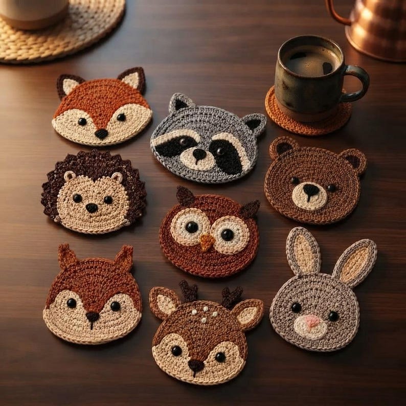 May include: A collection of eight round crochet coasters shaped like animal faces, including a fox, raccoon, hedgehog, bear, owl, squirrel, deer, and rabbit. Each coaster features detailed stitching, dark eyes, and distinct colors representing the animals.