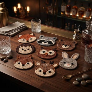 May include: A collection of eight round crochet coasters shaped like animal faces, including a fox, raccoon, bear, hedgehog, owl, squirrel, deer, and rabbit. Each coaster features detailed stitching, contrasting colors, and small dark eyes.