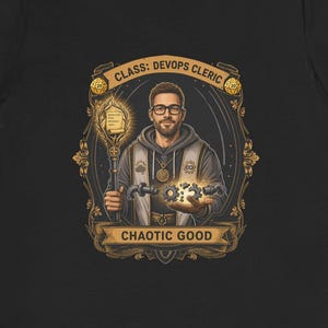 Könnte beinhalten: Ein schwarzes T-Shirt mit einem Grafikdruck einer Person mit Brille, die eine Kapuzenrobe trägt. Das Design enthält den Text "CLASS: DEVOPS CLERIC" und "CHAOTIC GOOD", wobei die Figur einen leuchtenden Stab und Zahnräder hält.