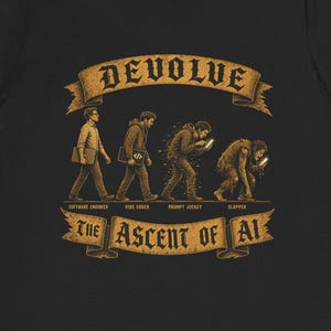 May include: A black short-sleeve t-shirt featuring a graphic of human evolution in reverse. The design shows four figures transitioning from an upright person to a hunched creature, with the text DEVOLVE and THE ASCENT OF AI in gold banners.