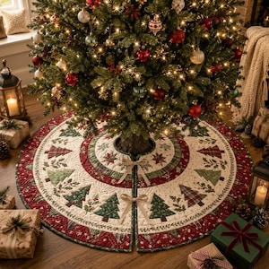 Könnte beinhalten: Ein runder, gesteppter Weihnachtsbaumteppich mit einem festlichen Muster aus grünen Tannenbäumen, roten Beeren und Stechpalmenblättern auf cremefarbenem Grund. Der Rand besteht aus dunkelrotem Stoff mit geometrischem Muster und zwei beigen Schleifen.