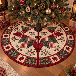 May include: A round quilted Christmas tree skirt featuring a patchwork design of red, dark green, and cream fabric. The pattern includes star shapes, holly leaf and berry motifs, and a red gingham check. It has two red ribbon ties at the center.