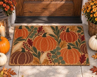 Fall Pumpkin Doormat, Floral Pumpkin Coir Door Mat, Autumn Front Porch Decor, Seasonal Entryway Mat