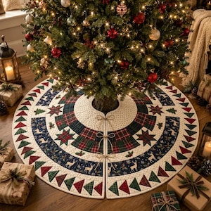 May include: A circular quilted Christmas tree skirt featuring a patchwork design of navy blue, forest green, and cream fabric. The pattern includes star motifs, plaid sections, and deer silhouettes, finished with three jute twine ties at the front.