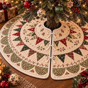 May include: A circular quilted Christmas tree skirt featuring a cream-colored base with a repeating pattern of red and green holly leaves, berries, and plaid triangular motifs. The skirt includes three white fabric ties for closure.