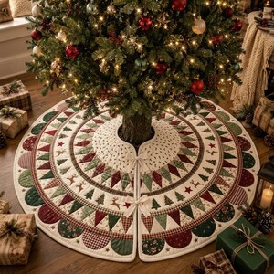 Kerstboomrok, patchwork kerstboommat, rustieke kerstdecoratie voor thuis, traditionele kerstboomvoetbeschermer in boerderijstijl, gewatteerd kerstcadeau