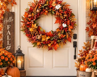 May include: A circular autumn wreath featuring vibrant red, orange, and yellow maple leaves, small pumpkins, berries, and white cotton bolls. The wreath is mounted on a white door with a black handle, surrounded by fall decor including pumpkins.
