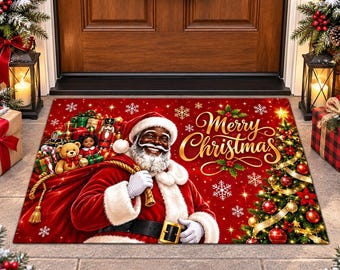 Black Santa Doormat, Merry Christmas Welcome Mat, African American Santa Decor, Christmas Porch Door Mat, Holiday Entryway Rug