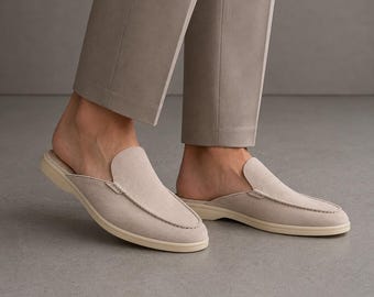 Men’s Suede Loafer Mules – White Slip-On Backless Shoes