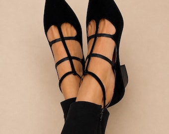 Black Pointed Toe Strappy Flats