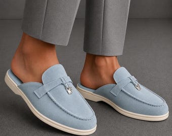 Blauwe suède loafers zonder achterkant voor heren – Casual instapmuiltjes, lichtgewicht zomerschoenen