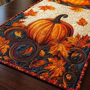 Può includere: Un runner da tavola rettangolare in tessuto con una zucca arancione centrale circondata da foglie d'acero arancioni, gialle e rosse. Lo sfondo è in tessuto color crema con intricati motivi trapuntati a spirale e bordi blu scuro.