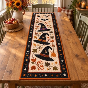 Witch Hat Halloween Table Runner, Quilted Fall Table Decor, Autumn Leaves Farmhouse Runner, Spooky Kitchen Decor, Halloween Gift