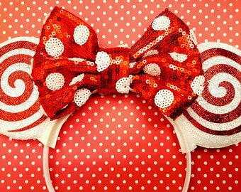 Mouse Ears style Headband - Red polka dot sequin with Peppermint swirls