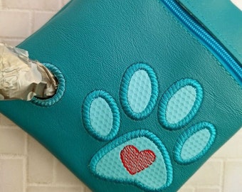 Dog Paw - Embroidered vinyl pouch for Dog waste bags - with clip to hook on leash - Includes roll of Bags