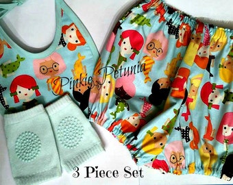 Mermaids - Three Piece Set - Diaper pants - Bib - Knit Knee grip Leg Warmers - Ready to Ship