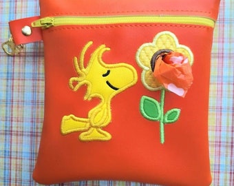 Woodstock - Embroidered vinyl pouch for Dog waste bags - with clip to hook on leash - Includes roll of Bags