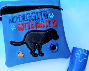 No Diggity - Embroidered vinyl pouch for Dog waste bags - with clip to hook on leash - Includes roll of Bags