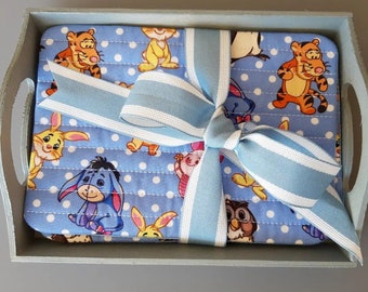 Mug Rug Gift Set - Hunny Bear and friends  - set of 4 in a wooden tray - Ready to mail right away