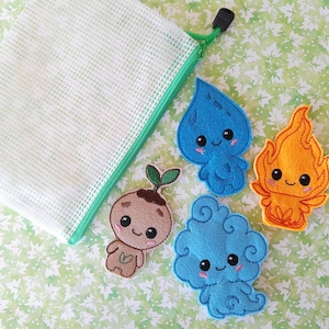 May include: A white mesh bag with a green zipper next to four felt character patches. The patches are a water droplet, a flame, a cloud, and a sprout, each with a smiling face and cute design.