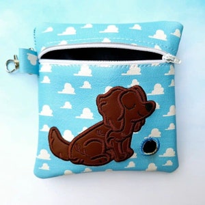 Little Brown Dog and blue skies Embroidered vinyl pouch for Dog waste bags with clip to hook on leash Includes roll of Bags image 2