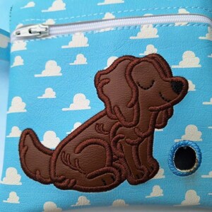 Little Brown Dog and blue skies Embroidered vinyl pouch for Dog waste bags with clip to hook on leash Includes roll of Bags image 3