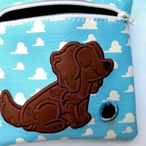 Little Brown Dog and blue skies Embroidered vinyl pouch for Dog waste bags with clip to hook on leash Includes roll of Bags image 1