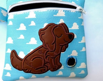 Little Brown Dog and blue skies- Embroidered vinyl pouch for Dog waste bags - with clip to hook on leash - Includes roll of Bags