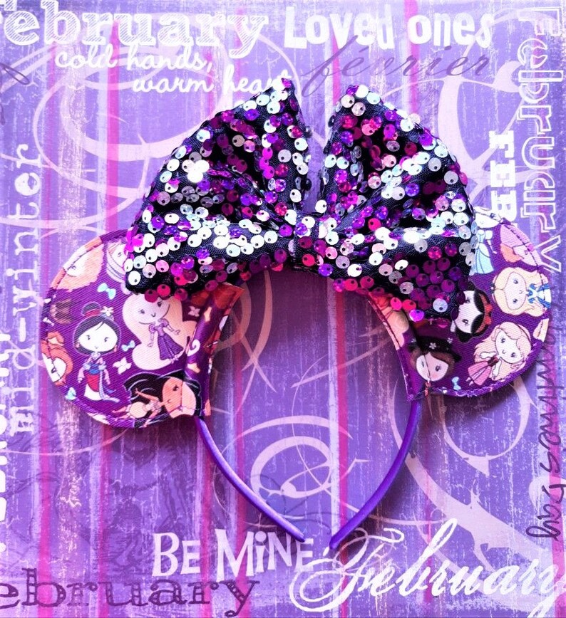 Purple Princesses with sequin center Bow Mouse Ears style Headband