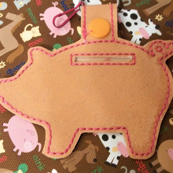 On Sale - Pig Key Chain - Embroidered Peach Glitter Vinyl with Coin slot - Piggy bank