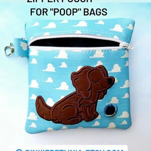 Little Brown Dog and blue skies Embroidered vinyl pouch for Dog waste bags with clip to hook on leash Includes roll of Bags image 6