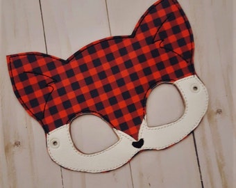 Child's Mask - Woodland Fox - Buffalo Check embroidered vinyl