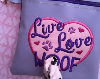 Live Love Woof - Embroidered vinyl pouch for Dog waste bags - with clip to hook on leash - Includes roll of Bags