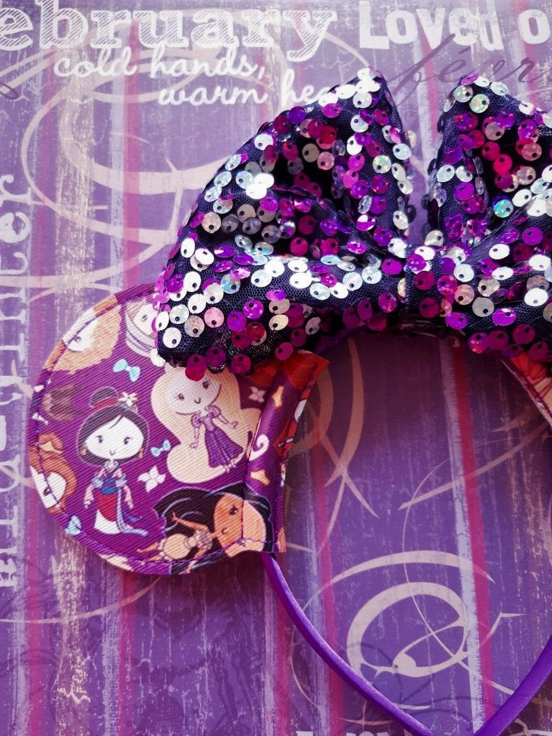 Purple Princesses with sequin center Bow Mouse Ears style Headband