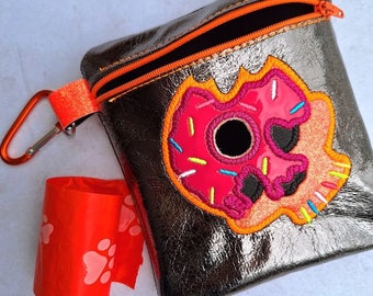 Zombie Skull Donut - Embroidered vinyl pouch for Dog waste bags - with clip to hook on leash - Includes roll of Bags