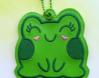 Happy Kawaii Frog - embroidered vinyl Bag Tag