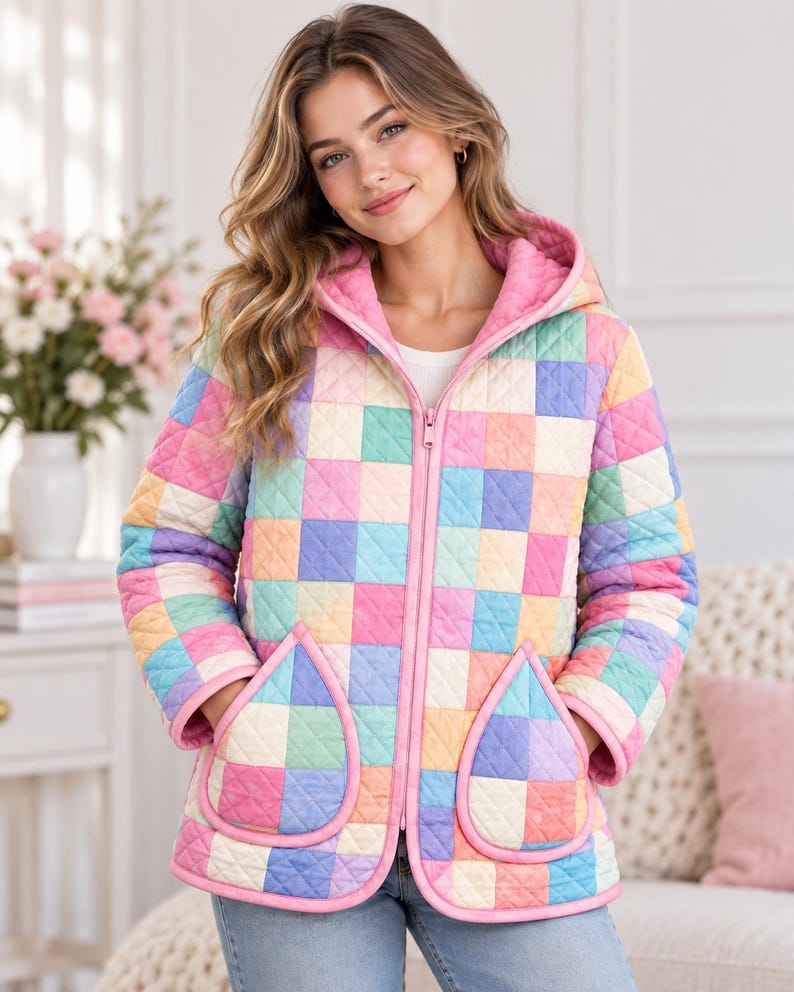 Peut inclure: Une veste zipp&eacute;e matelass&eacute;e avec un motif &agrave; carreaux multicolores dans des tons pastel de rose, bleu, jaune et vert. La veste comprend une capuche, des manches longues et deux grandes poches plaqu&eacute;es en forme de goutte avec un liser&eacute; rose.