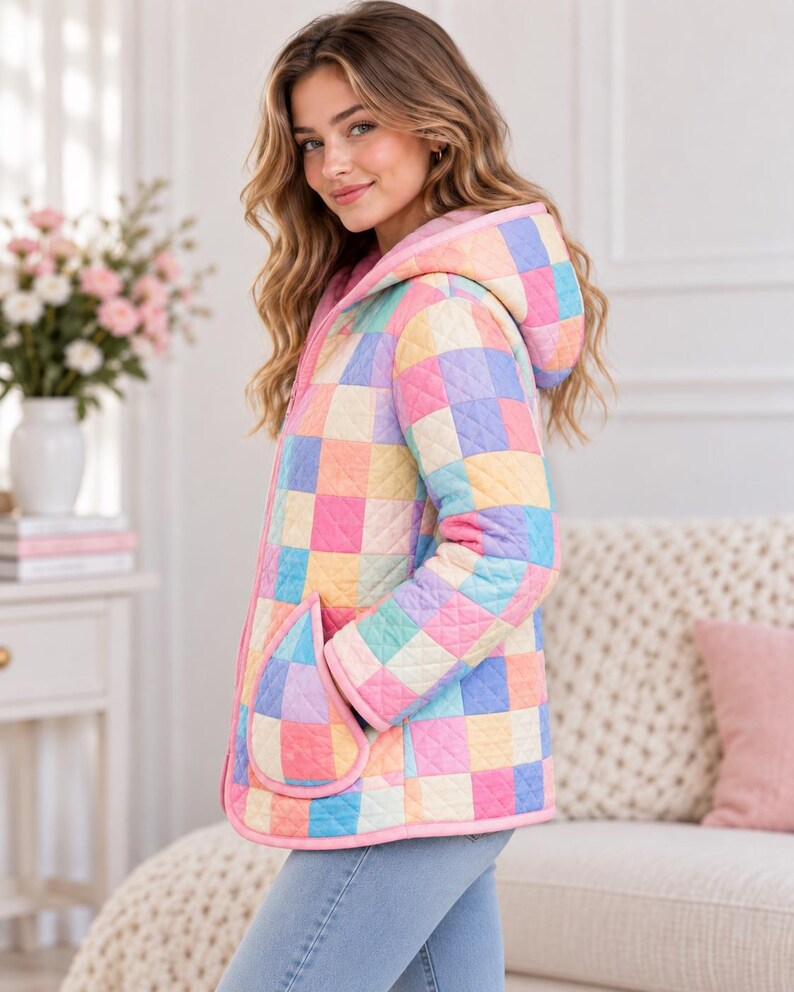 Peut inclure: Une veste matelass&eacute;e pr&eacute;sentant un motif &agrave; damier pastel multicolore dans des tons de rose, bleu, jaune et lavande. La veste comprend une capuche, des manches longues et deux grandes poches plaqu&eacute;es arrondies, le tout bord&eacute; d'un liser&eacute; rose.