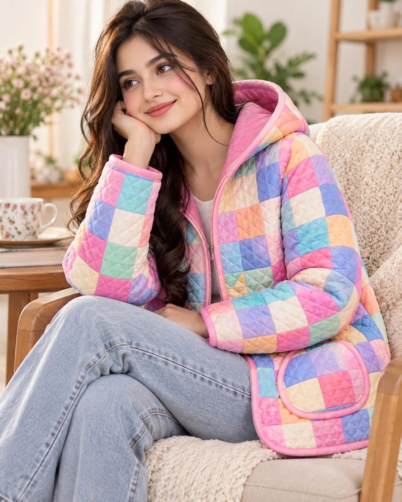 Peut inclure: Une veste matelass&eacute;e &agrave; capuche avec un motif &agrave; carreaux multicolores dans des tons de rose, bleu, jaune et violet. La veste pr&eacute;sente une fermeture &eacute;clair frontale, des manches longues et deux poches avant avec un liser&eacute; rose, port&eacute;e sur un jean bleu.