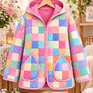 Peut inclure: Une veste matelass&eacute;e &agrave; capuche pr&eacute;sentant un motif patchwork multicolore compos&eacute; de carr&eacute;s pastel roses, bleus, jaunes et verts. La veste comprend une fermeture &eacute;clair frontale int&eacute;grale, des manches longues et deux grandes poches plaqu&eacute;es en forme de goutte avec un liser&eacute; rose.
