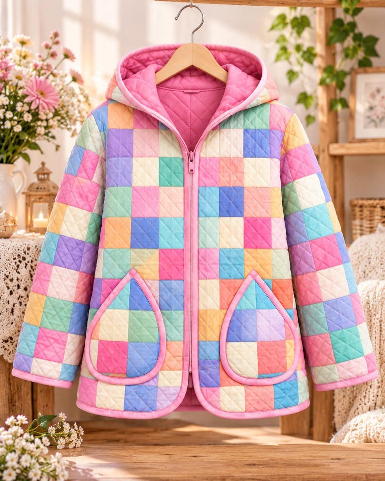 Peut inclure: Une veste matelass&eacute;e &agrave; capuche pr&eacute;sentant un motif patchwork multicolore compos&eacute; de carr&eacute;s pastel roses, bleus, jaunes et verts. La veste comprend une fermeture &eacute;clair frontale int&eacute;grale, des manches longues et deux grandes poches plaqu&eacute;es en forme de goutte avec un liser&eacute; rose.