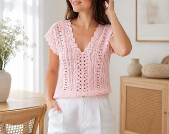 Modèle de haut au crochet pour débutant (PDF) | T-shirt d'été à col en V, points texturés (Téléchargement numérique)