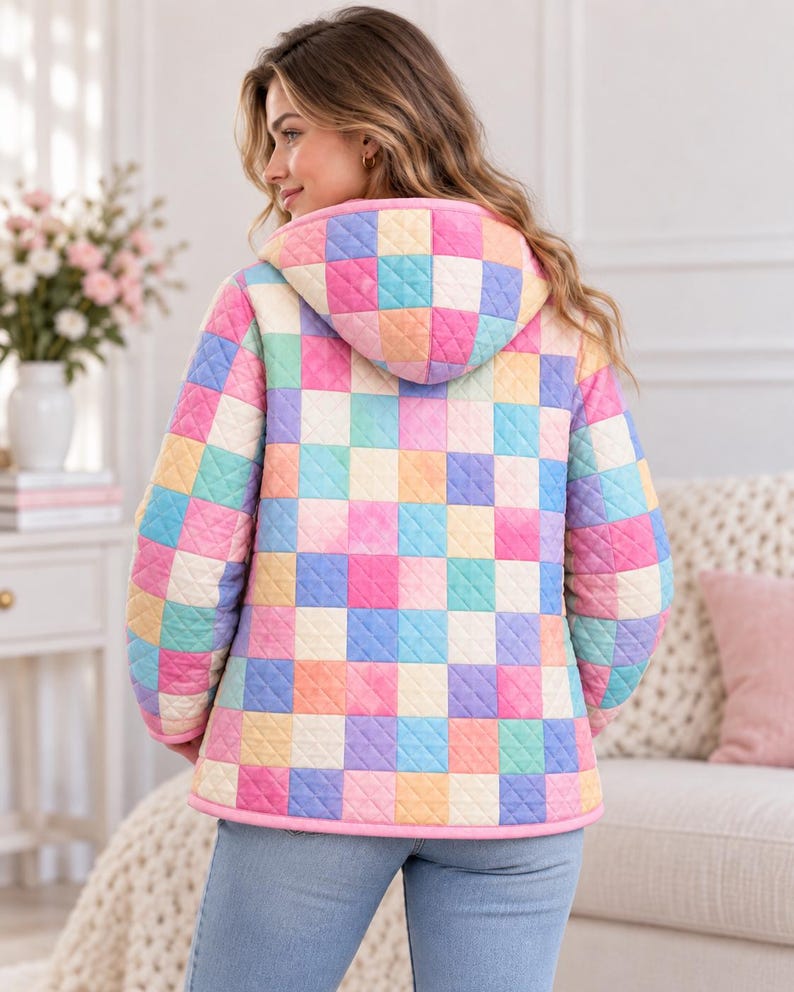 Peut inclure: Une veste matelass&eacute;e avec un motif &agrave; carreaux multicolores dans des tons de rose, bleu, jaune et orange. La veste comprend une capuche et des manches longues, avec un liser&eacute; rose uni sur les bords et une texture piqu&eacute;e en losanges.