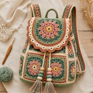 Puede incluir: Una mochila de ganchillo con un patrón floral de cuadrados granny en tonos verde salvia, rosa empolvado, crema y amarillo. La bolsa tiene una solapa festoneada, dos correas ajustables y un cierre de cordón con cuentas de madera y borlas.